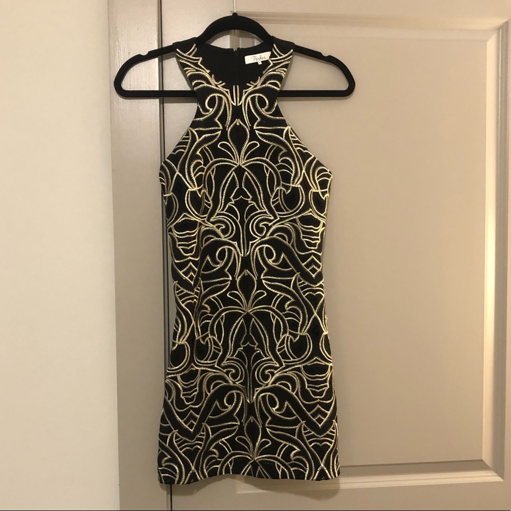 Parker Black and Gold Embroidered Mini Dress!